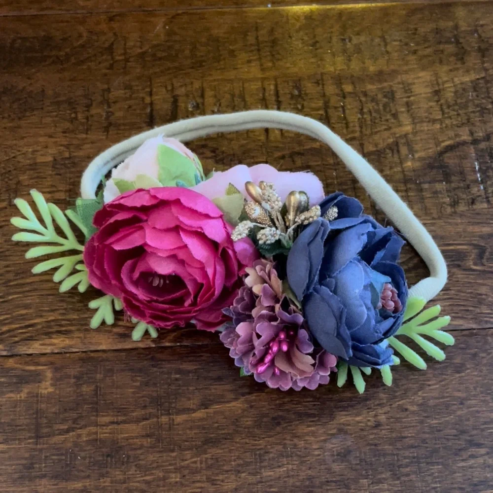 Floral headband w/ flowers magenta pink gold blue purple lavender green lilac